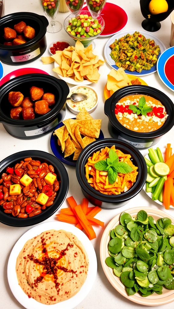 A table filled with crockpot appetizers including meatballs, buffalo dip, bean dip, and spinach dip, ready for serving at a gathering.